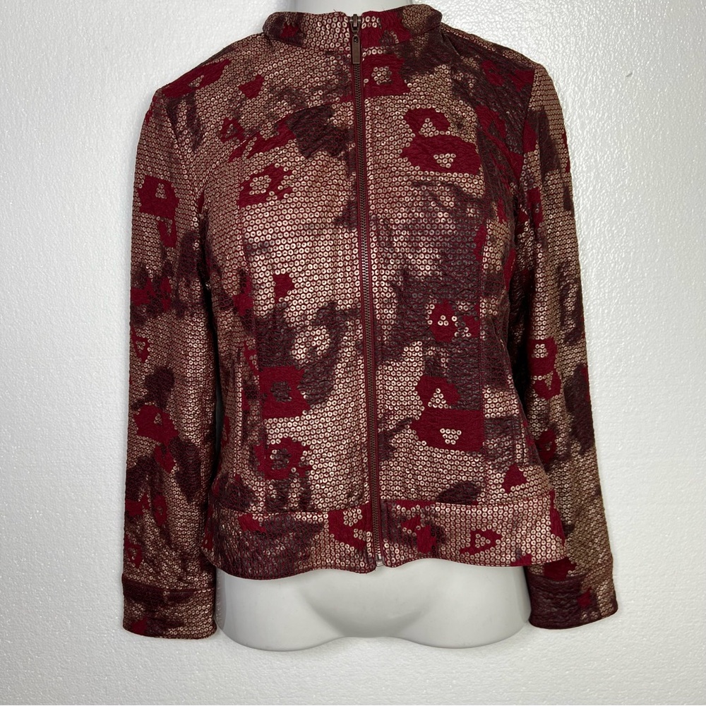 Ruby Rd abstract floral pattern burgundy zip jack… - image 1